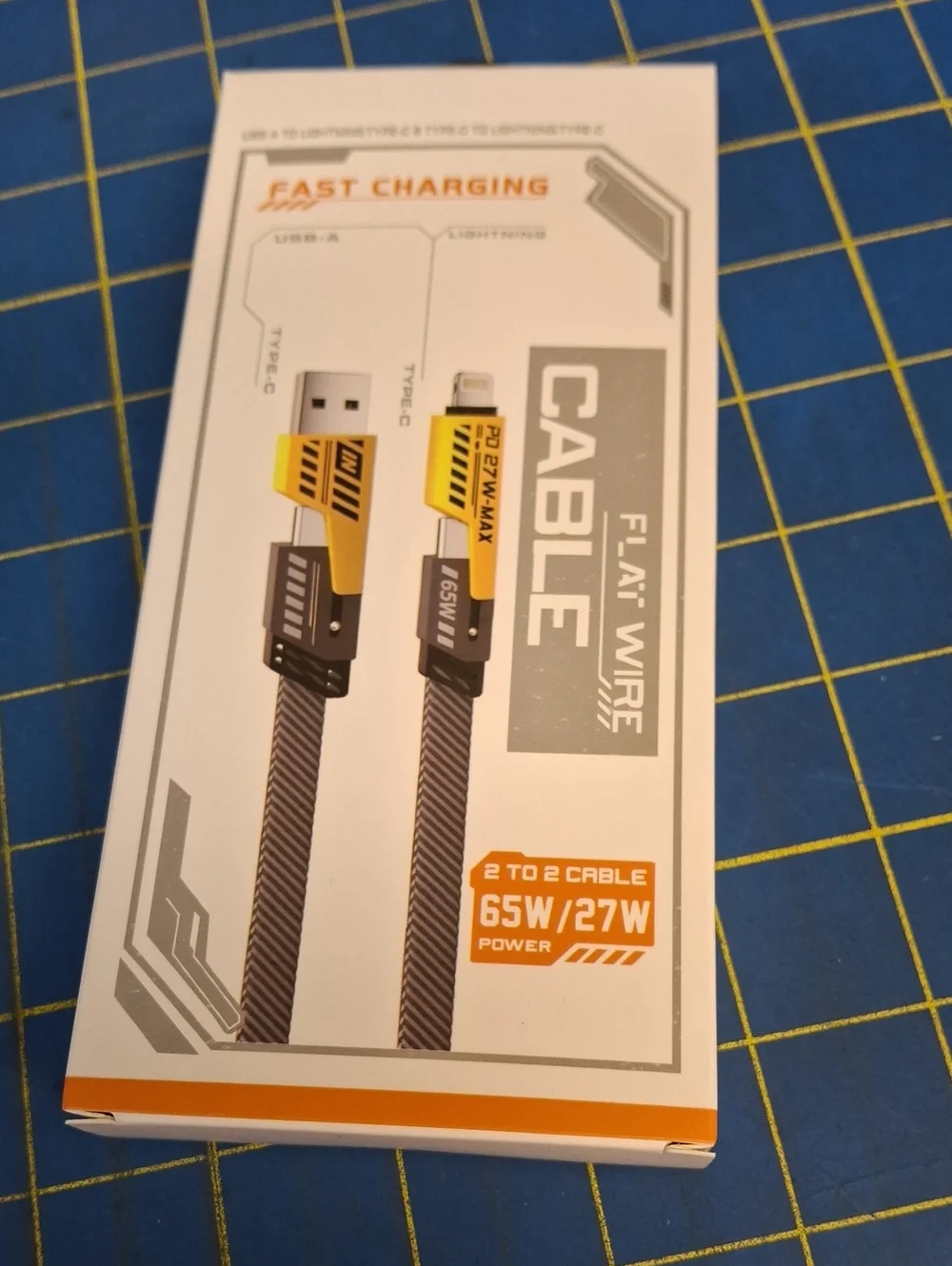 Fast Charging 65W/27W Flat Wire USB Cable - Yellow/Black New